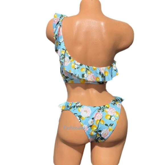 Victoria’s Secret Swim Ruffle One-Shoulder Bikini Top & bottom set Blue Lemon - Picture 3 of 5
